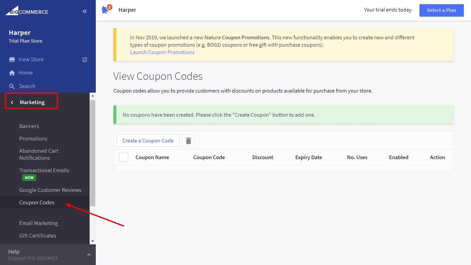 Go to the Coupon Codes section